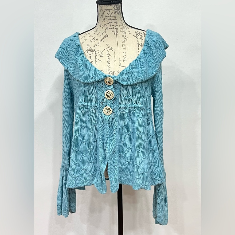 Willow Cotton Knit Cardigan Small Bell Sleeves Blue LAGENLOOK